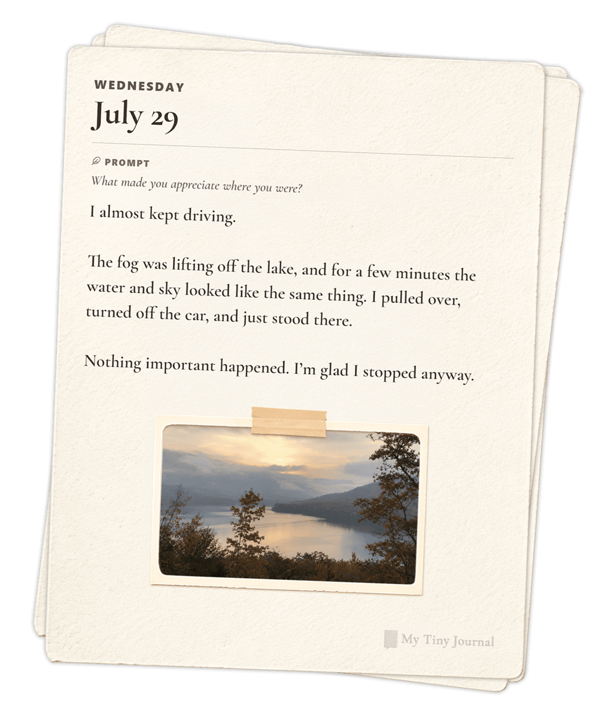 A My Tiny Journal memory about stopping to appreciate a misty lake